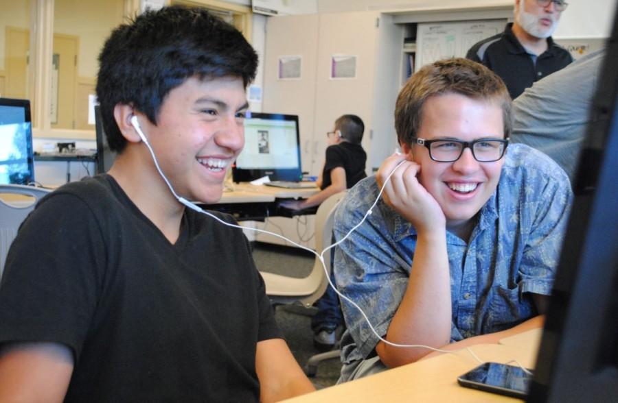 Freshman Hassler Molina and sophomore Ryan Leggett test out their prototype soundboard apps and learn the basics of mobile design.