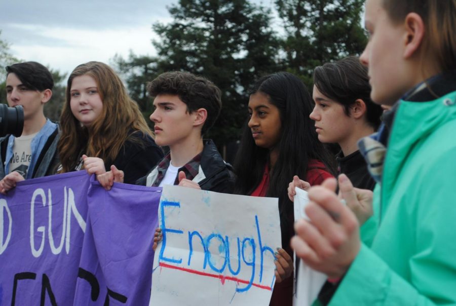 Hundreds of students gathered on Mar. 14 to protest gun violence in school shootings. The walkout featured
students’ speeches, such as senior Shasta Sholes, president of the Social Justice League.