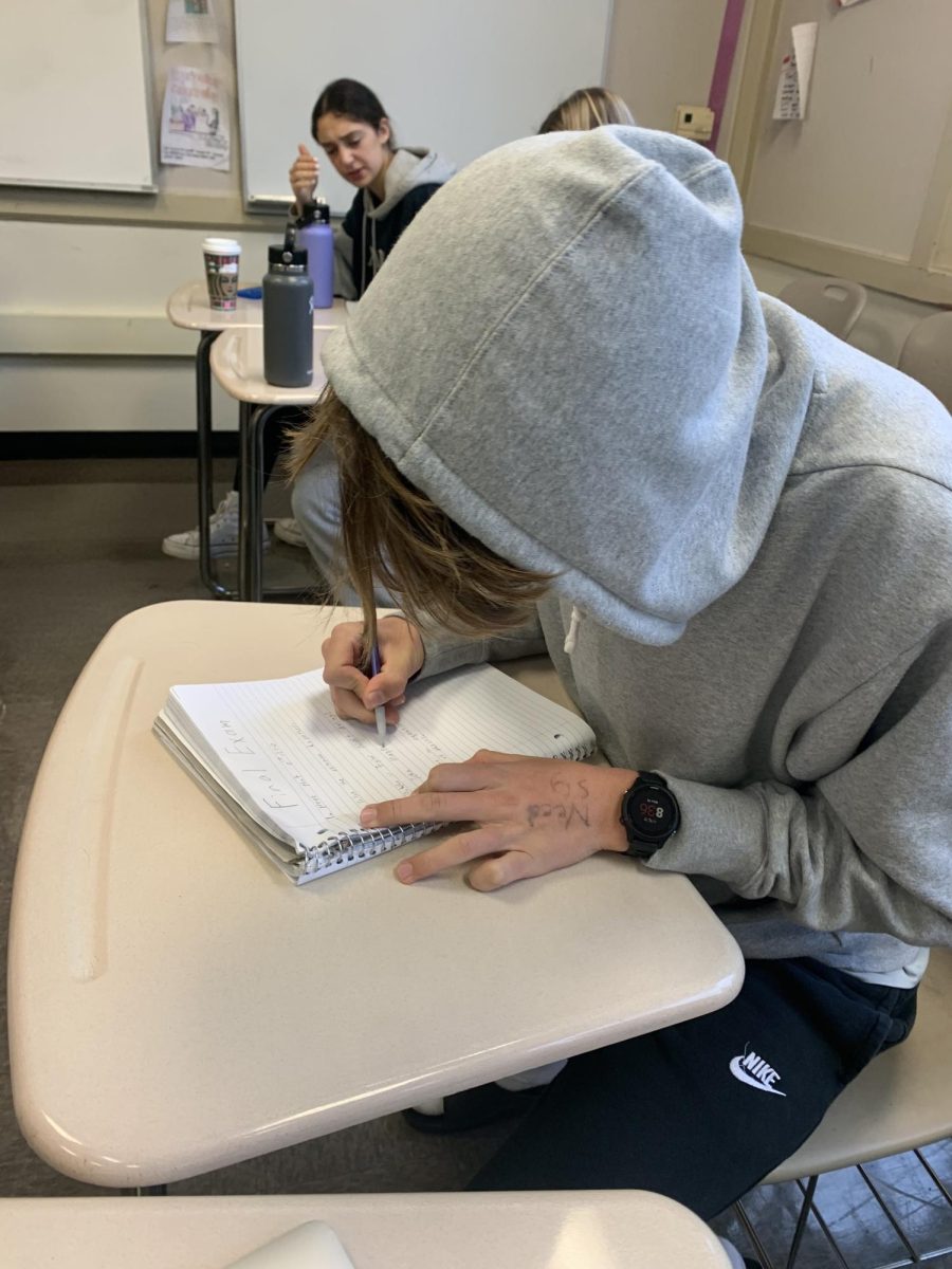 Student prepares for final exam with last minute studying.