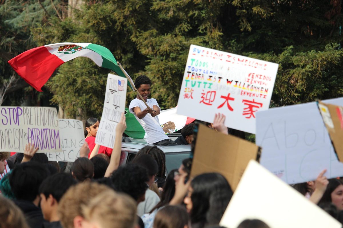 Students wave flags and hold posters demonstrating support
