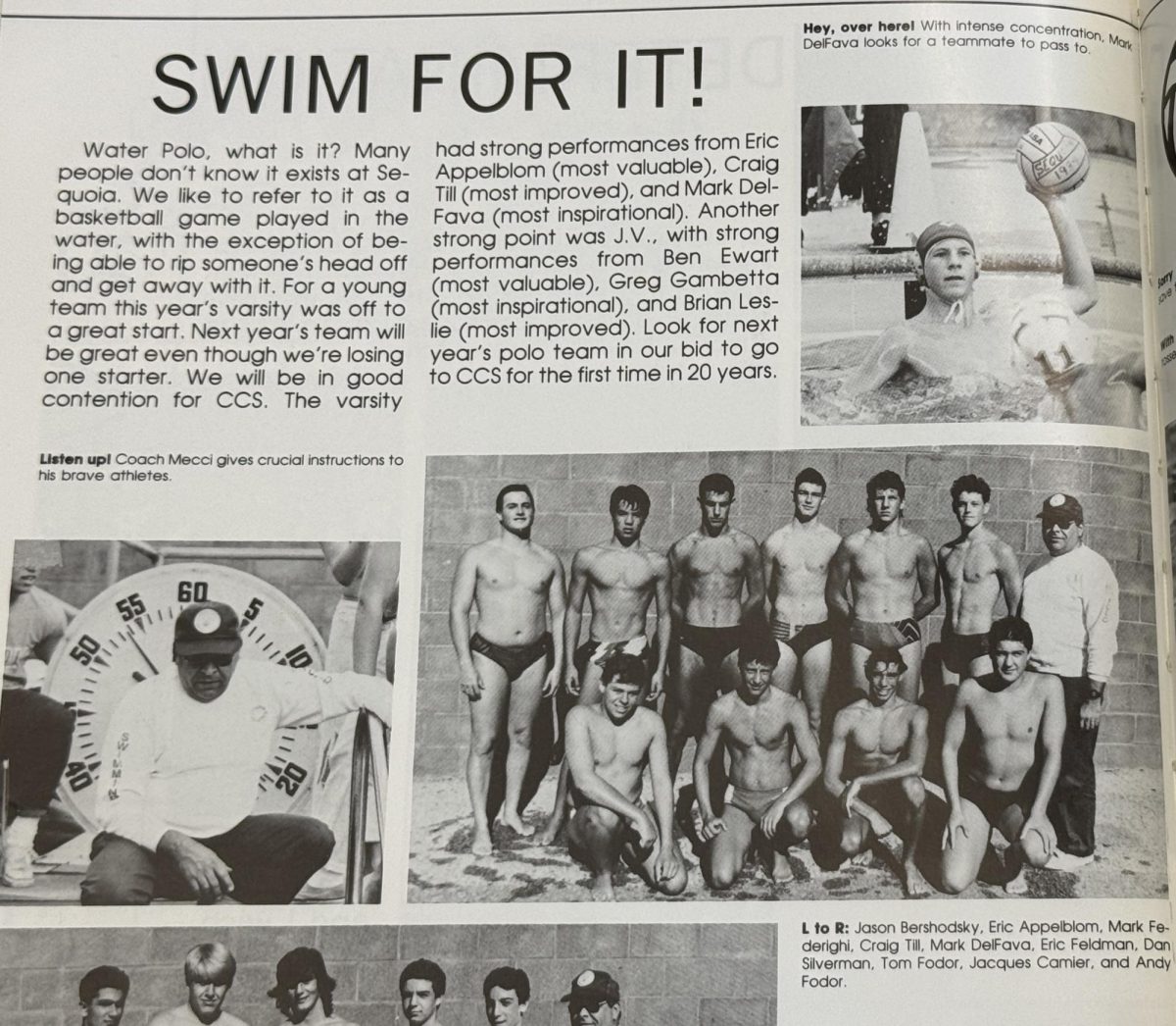 Yearbook photo of Sequoia's water polo team in 1990